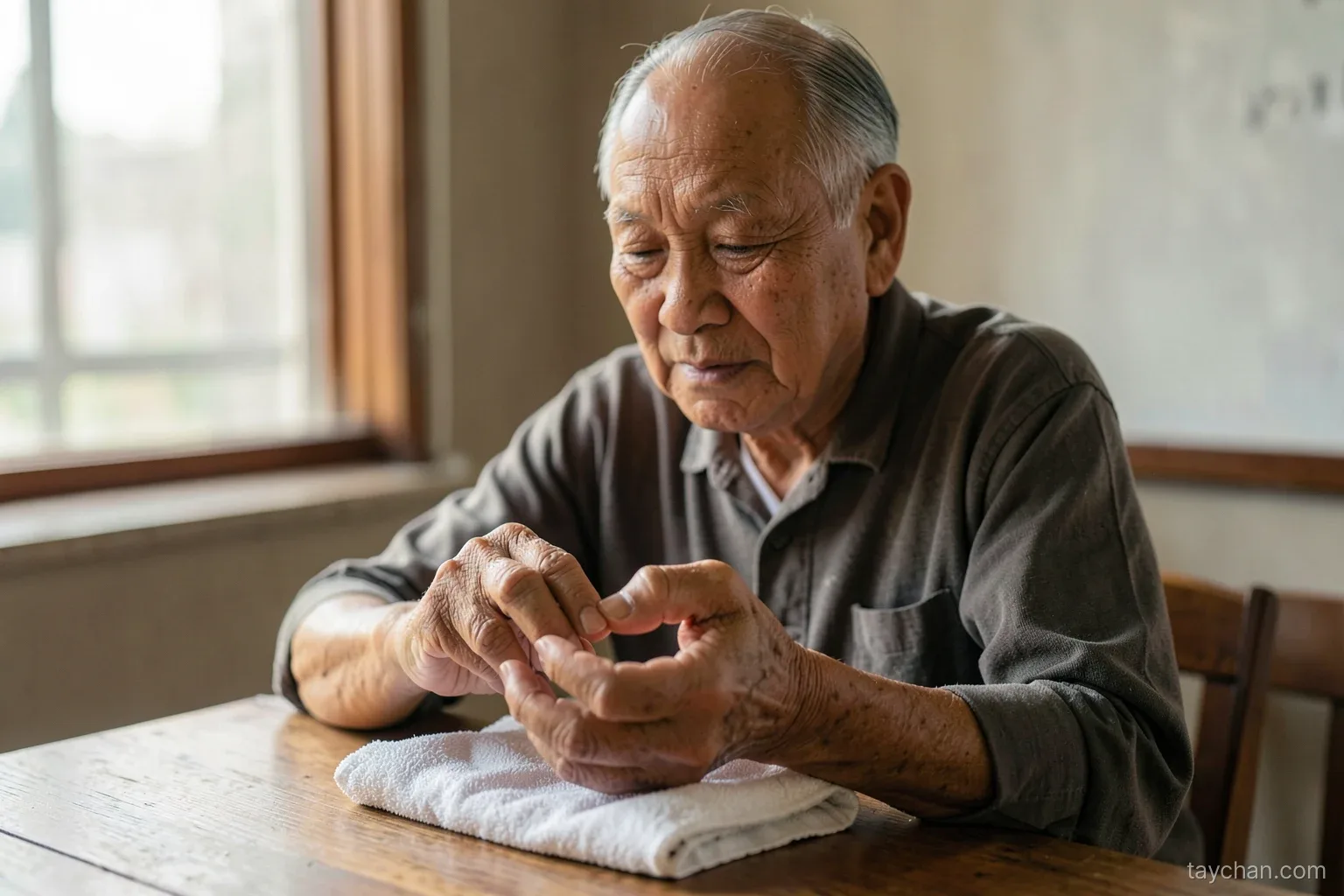 An elderly Vietnamese man seated at a wooden table near a window, slowly touching his thumb to each fingertip, a small towel under his hands, soft morning light, face cropped