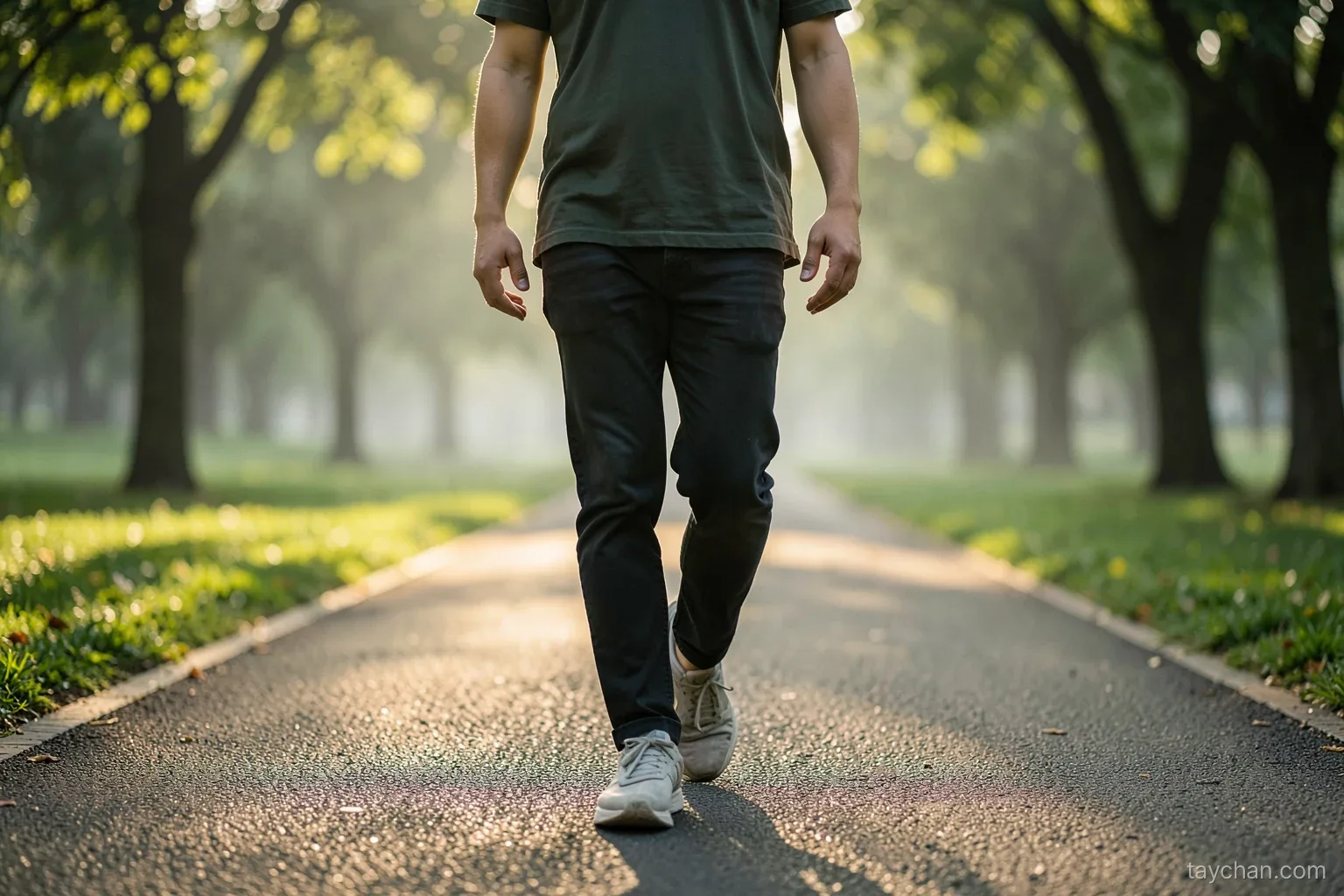 Wide shot of a person walking on a shaded park path in the early morning, comfortable walking shoes in sharp focus, trees and soft mist behind, face not visible, green and warm tones