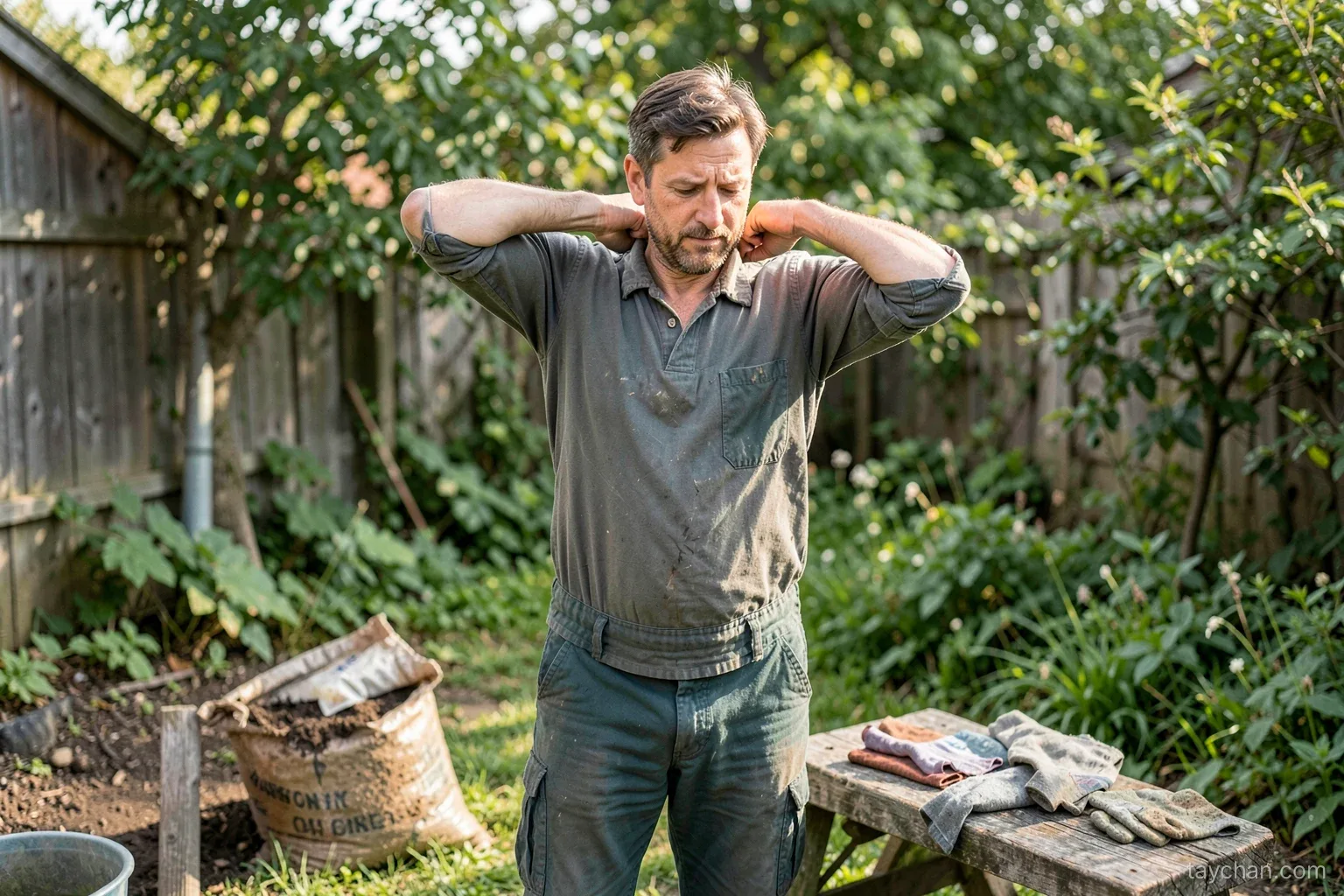 A man in work clothes in a small home garden rolling his shoulders and stretching his arms before lifting a bag of soil, gloves on a bench, morning light, face out of frame