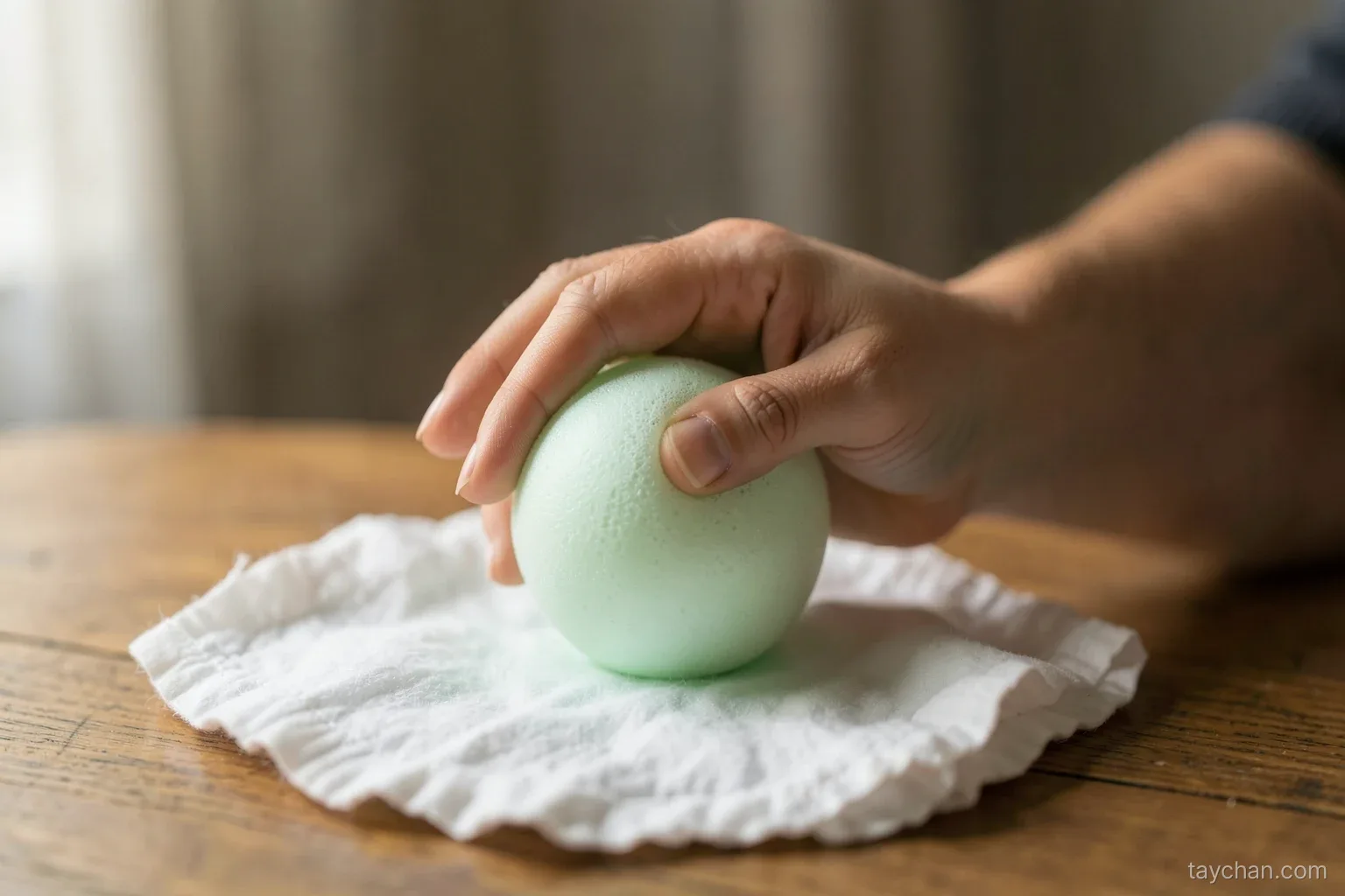 A woman's hand gently squeezing a soft pale green foam ball above a cotton cloth on a wooden table, wrist straight, warm window light, no face visible, calm muted palette